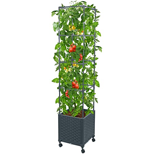 "GREEN MOUNT Raised Garden Bed Planter Box Tomato Cage w/Trellis for Outdoor Balcony Patio Yard, Plant Vegetable Vine Flowers Climbing w/Self-Watering Drainage Holes Wheels 12.4""x12.4""x56.69"""