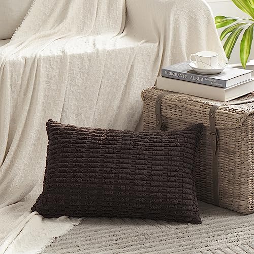 Fancy Homi Decorative Pillow Cover for Living Room, Couch, Bed, Sofa, Rustic Farmhouse, Boho, Home Decor, Soft Striped, Corduroy, Square, 35 x 60 cm, Dark Brown