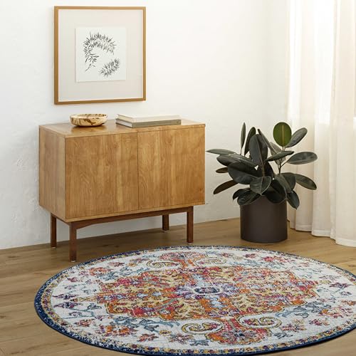 Livabliss Lou Asmara Round Vintage Carpet 160 cm – Traditional Multicolour Boho Style for Living Room, Dining & Kitchen, Easy Care Pile Floor Covering, Blue Orange