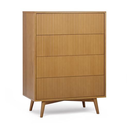 Teamson Home Tremolo Bedroom Dresser Chest of Drawers with 4 Push-Open Drawers, Fluted Wood Detailing and Natural Acacia Veneer Finish 106 cm Tall, Natural