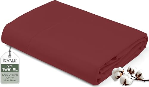 "Royale Linens 100% Organic Cotton Twin XL Flat Sheet Only - Super Soft - Percale Top Sheets - Twin XL Flat Sheet Sold Separately - Breathable, Cool & Crisp Sheets Only (66"" x 102"", Red)"