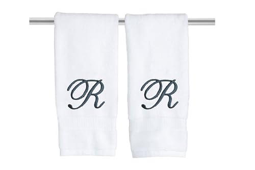 Decorvo White Monogrammed Hand Towels for Bathroom - Luxury Hotel Quality Personalized Initial Embroidered Towel for Powder Room, Spa - GOTS Organic Certified - Set of 2 Dark Gray Letter R