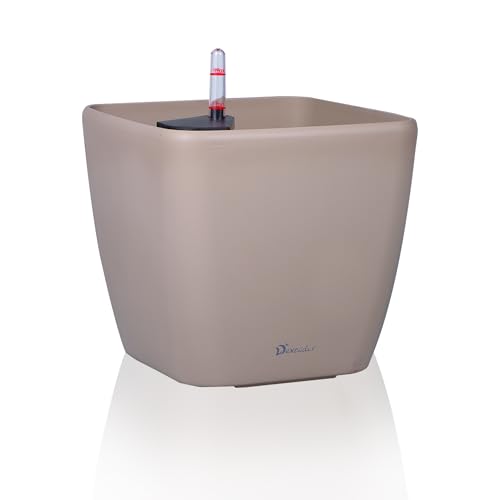 Dexceder 15x14 Self Watering Planter with Wheels Indoor Outdoor, Inner Mat Design, Thickened Large Floor Standing Flower Plant Pot with Water Level Indicator (Taupe Matte)