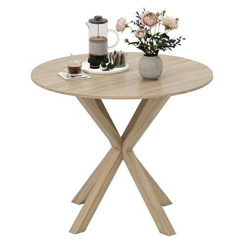 GiantexUK 90cm Round Dining Table, 4 Seaters Kitchen Table with Intersecting Pedestal Base & Rubber Wood Legs, Rustic Dinner Tables for Dining Living Room Restaurant (Natural)