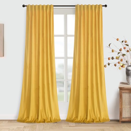 Roslynwood Luxury Soft Warm Yellow Velvet Curtains 72 inches Long Back Tab Thermal Insulated Blackout Window Drapes for Living Room/Bedroom/Dining Room, W52 x L72, 2 Panels