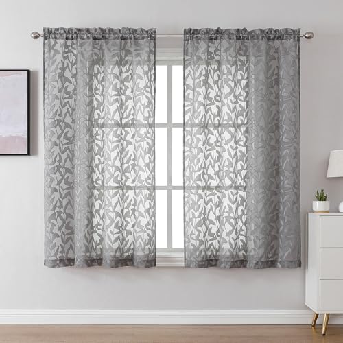 "Lecloud Leia Charcoal Grey Sheer Curtains 54 Inch Length 2 Panels, Voile Light Filtering Privacy Jacquard Leaf Textured Curtains, Dual Rod Pockets Drapes for Living Room Bedroom, Each 42"" W x 54"" L"