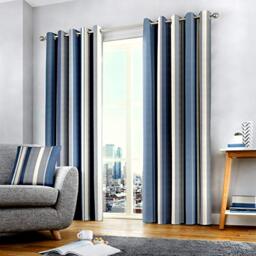 Fusion Whitworth Stripe Eyelet Lined Curtains, Blue, 66 x 72 Inch
