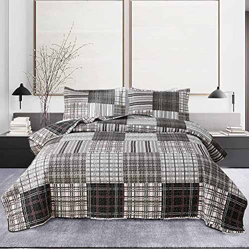 Ycosy 3pcs Plaid Quilted Bedspread Set Red Gray White Stripe Quilts Plaid Bedding Set Classic Tartan Coverlet Summer Quilt Set King Size Bedroom Decor Blanket Throw-1 Quilt +2 Pillow Shams???