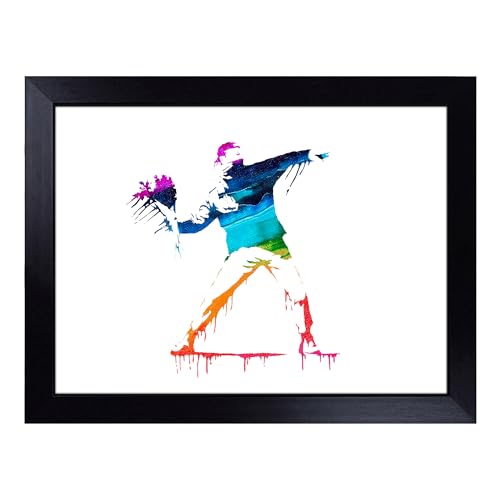 Lap Tray with Bean Bag Cushion, Banksy Flower Thrower Graffiti - Handmade in the UK, Raised Wooden Edge, Padded Cushion, Heat-Resistant Wipe-Clean Surface, for Meals, Laptops and Crafts