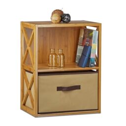 Relaxdays Bamboo Shelf with Basket, 2 Tiers, Wooden Freestanding Bathroom Rack, Folding Drawer Box, HxWxD: 54 x 42 x 29 cm, Natural Brown