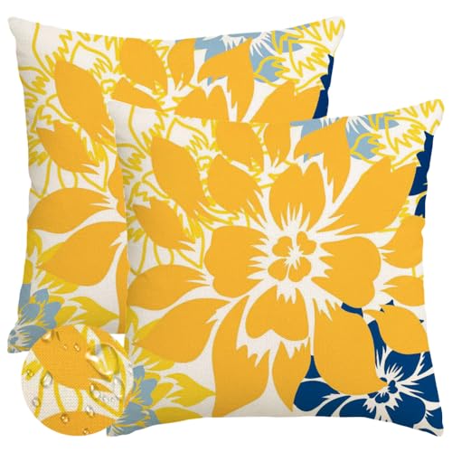 RABUSOFA Yellow Dark Blue Floral Pillow Covers 16x16 Inch Set of 2 Outdoor Waterproof Decorative Throw Pillows for Home Summer Spring Decor Sofa Patio Funiture Flower Polyester