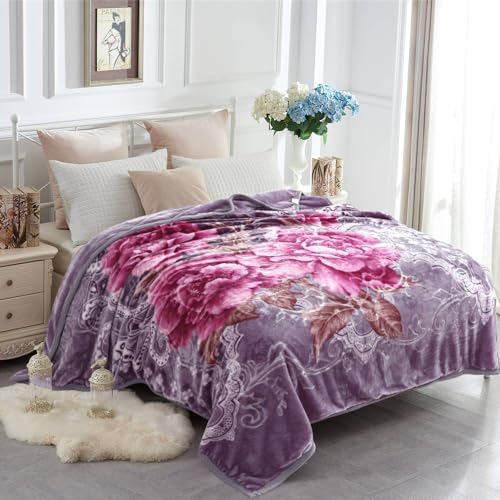 "JYK Korean Faux Mink Fleece Blanket 83"" X 91"", 5.7 LB - 2 Ply Reversible Soft Warm Plush Flannel Blanket (Peony/Peony, King)"