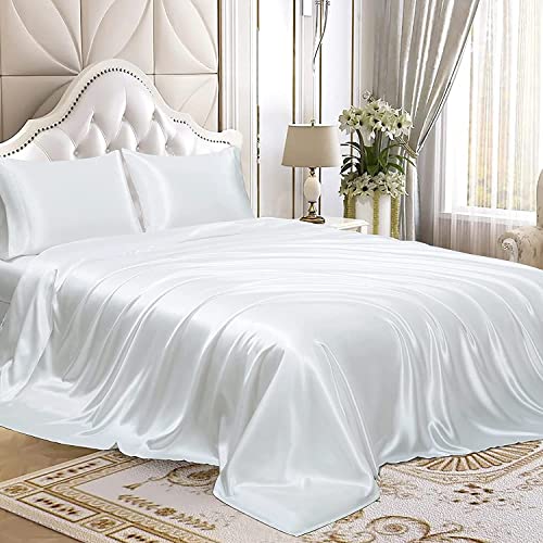 Homiest Twin XL White Deep Pocket Satin Sheets, 3-Piece - 15-Inch Deep Pocket Design, Silky Soft for Hair And Skin, Wrinkle And Fade Resistant, Machine Washable, Glossy Finish