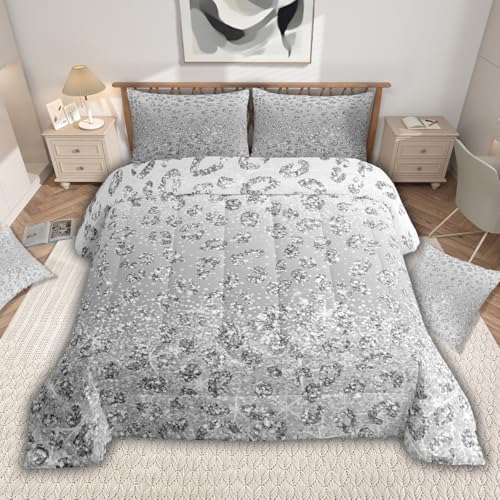 jejeloiu Diamond Sequins Comforter Dreamy Princess Style Bedding Set Boys Girls Teens Room Decor Gradient Gray Duvet Set Queen Size Silver Shiny 3Pcs Breathable Soft Lightweight