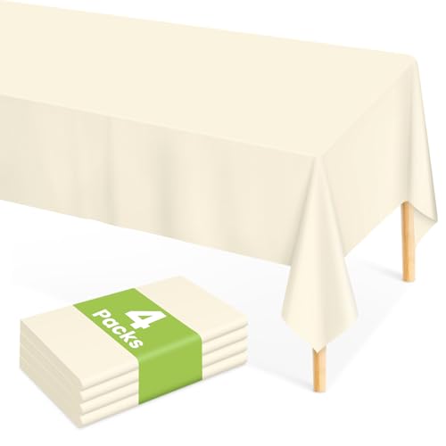 Mulbozy Cream Plastic Table Cloth Disposable 4 Pack, 54 ?? 108 Inch Tablecloths Rectangle, Ivory Plastic Table Cover for Party Decor
