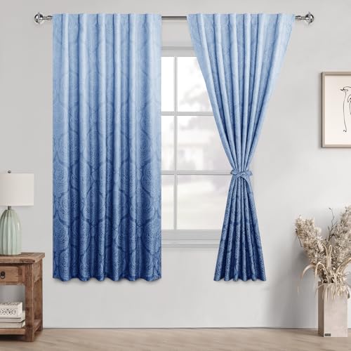 DWCN Back Tab Ombre Blackout Curtains for Bedroom - 63 inches Long Damask Design Thermal Insulted Tieable Window Drapes Light Blackout Curtains for Dining Room, 2 Panels, W52 x L 63, Navy Blue