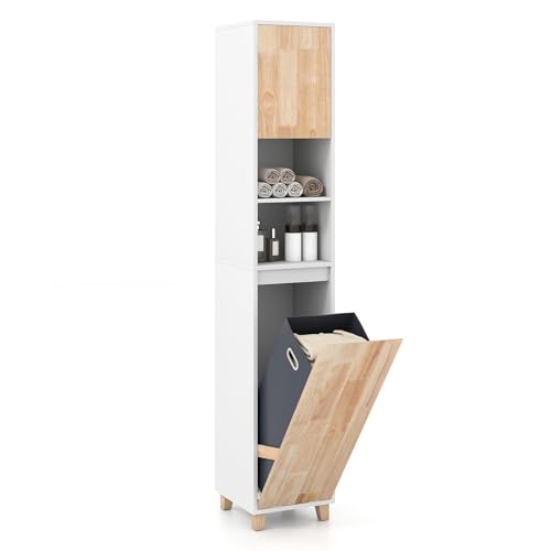 RELAX4LIFE Tall Bathroom Cabinet with Laundry Basket, Freestanding Slim Narrow Bathroom Storage Unit with Doors and Shelves, 170cm High Narrow Wooden Organizer Cupboard for Kitchen Hallway
