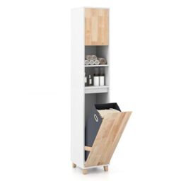 RELAX4LIFE Tall Bathroom Cabinet with Laundry Basket, Freestanding Slim Narrow Bathroom Storage Unit with Doors and Shelves, 170cm High Narrow Wooden Organizer Cupboard for Kitchen Hallway