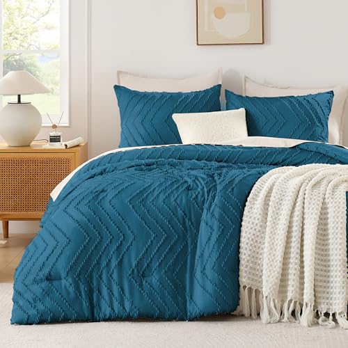 Andency Teal Comforter Set King Size, 3 Pieces Soft Bedding Set - Boho Warm Comforter Sets for King Size Bed, Aesthetic Chevron Farmhouse Cute Bohemian Textured Lightweight Bedding Set