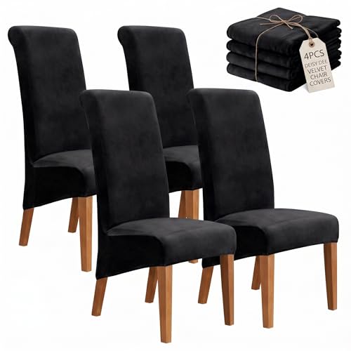 Deisy Dee Stretch XL/Oversized Extra Large Velvet Dining Room Chair Covers for Kitchen Dining???Removable Washable Chair Protectors Slipcovers (Black, 4)