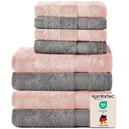 Komfortec Set of 8 Hand Towels 100% Cotton, 4 Bath Towels 70 x 140 cm and 4 Hand Towels 50 x 100 cm, Terry Clothing, Soft, Towel, Large, Anthracite Grey/Flower Pink