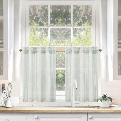 DriftAway Kitchen Tier Curtains - Striped Linen Short Pinstripe Cafe Curtains 36 Inch Length for Living Room Bathroom Chris Farmhouse Rustic Rod Pocket 2 Panels Jade Green