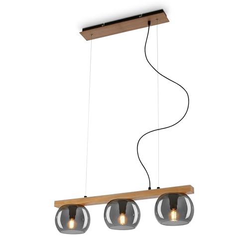 BRILONER 3 Piston Pendant Lamp, Smoked Glass, Ceiling Light, Ceiling Light, Smoked Glass Lampshade, Pendant Light, Chandelier, Bedroom Lamp, Black Wood