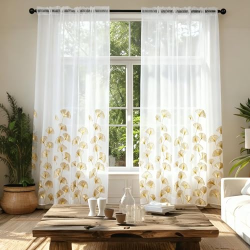 "youleyar Gold Foil Print Sheer Curtains, 2 Panels Ginkgo Bronzing Treatment Sheer Curtain, Rod Pocket Drapes for Bedroom and Home Decor, 52"" W x 84"" L"