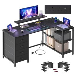 VASAGLE L Shaped Corner Desk with Power Outlets, Computer Gaming Desk with Storage, Reversible Layout, Adjustable Shelves, 4 Drawers, 2 USB Ports, Home Office, 140 x 80 cm, Ebony Black LWD172BE02