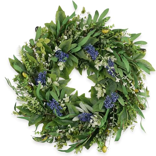 "HomeKaren Wreath 22"" Door Spring Wreath with Eucalyptus Olive Boxwood Leaves, Greenery Wreath Door Decoration for Spring Summer All Season Home and Outdoor"