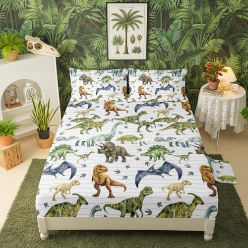 "QOOMO Dinosaur 4 Piece Kids Sheet Queen Size,Jurassic Dinosaur Bedding Sheet Set,Boys Printed Flat Sheet Fitted Sheet with 16"" Deep Pocket,100% Microfiber Ultra Soft and Skin Friendly"
