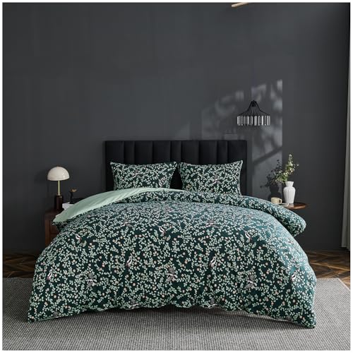 GC GAVENO CAVAILIA Botanical Leaves Pattern King Size Duvet Cover - Bird Printed Comforter Bedding Set with Pillowcases - Durable & Super Soft Polyester Lightweight Quilt Cover, Green