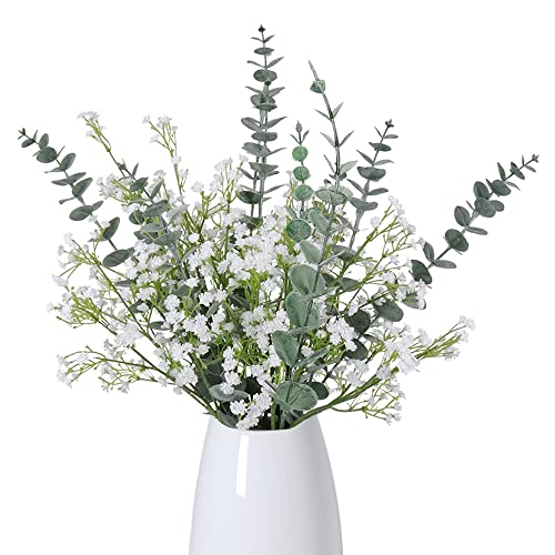 WEISPARK Artificial Eucalyptus Stems Leaves Babys Breath Bouquet- 20pcs Gypsophila Artificial Flowers and Faux Greenery Eucalyptuses for Vase Centerpiece Wedding Home Decor