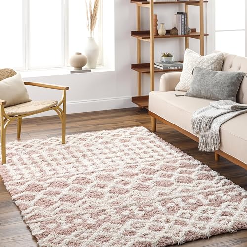 Livabliss Nour Dubai Shaggy Design – Living Room 160x220 cm, Soft Fluffy Bedroom Use, Abstract Berber Look, Plush Thick Pile, Easy Care, Dusty Pink White