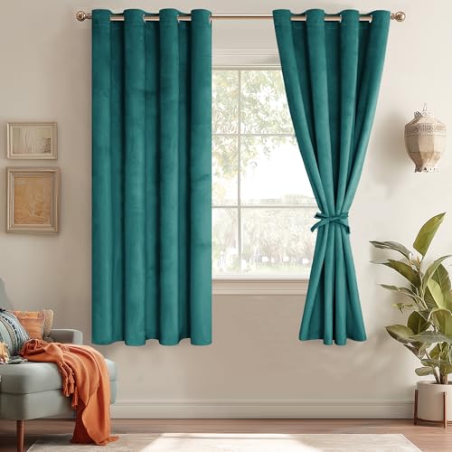 JIUZHEN Velvet Curtains for Bedoom - Thermal Insualted Room Darkening Grommet Window Drapes for Living Room, Set of 2 Window Curtain Panels with Tiebacks, 52 x 63 inches, Teal