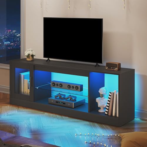 YITAHOME TV Cabinet Stand Unit, Modern Style TV Table for Flat Screens Up to 65 Inch, Open Adjustable Glass Storage Shelves for Living Room, Gaming, Entertainment Room, Hallway, Bedroom