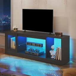 YITAHOME TV Cabinet Stand Unit, Modern Style TV Table for Flat Screens Up to 65 Inch, Open Adjustable Glass Storage Shelves for Living Room, Gaming, Entertainment Room, Hallway, Bedroom