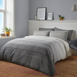 Fusion Contemporary Ombre Grey Duvet Cover Set Double 200 x 200cm – Reversible Grey Polycotton Bedding with Charcoal Stripe Design