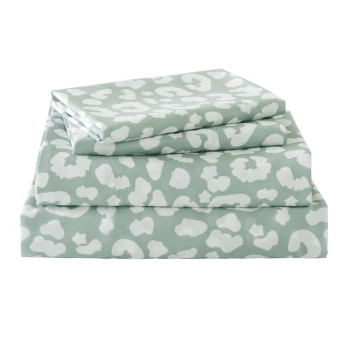 Yibeizi Queen Sheet Set Deep Pocket Queen Size Sage Green Pattern Bed Sheets Set, Leopard Printed Soft Microfiber Oeko-Tex Sheets & Pillowcases Hypoallergenic Wrinkle Free Bedsheets