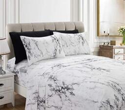 Elegant Comfort Eloise Marble Printed 6-Piece Sheet Set, 1500 Thread Count, Wrinkle Resistant and Super Soft Material, Fitted Sheets with Smart Pockets, Marble Sheet Set, King, Sicily White