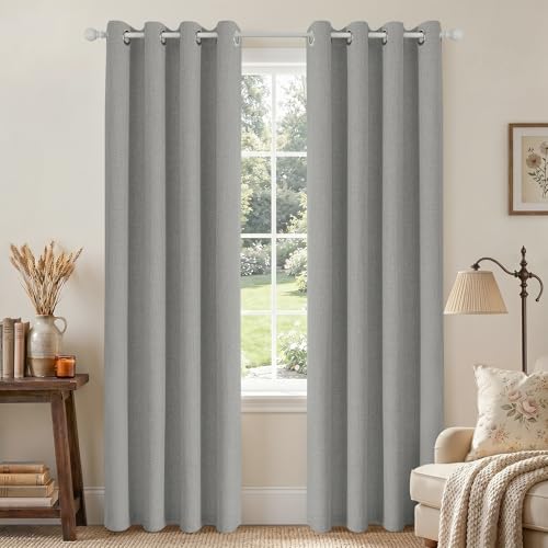 Joydeco Light Grey Blackout Curtains 96 Inches Long for Living Room, 100% Blackout Curtains for Bedroom, Linen Room Darkening Burlap Grommet Textured Drapes (42x95 inch, Light Grey)