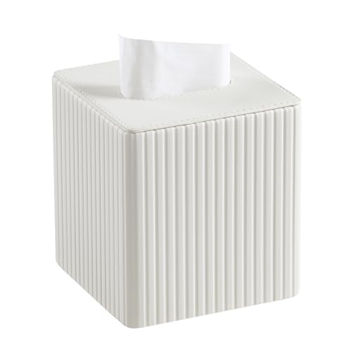 MEIBOOCH Tissue Box Cover Stylish PU Leather Square Tissue Box Holder with Magnetic Bottom for Bathroom Bedroom or Office (White Stripe),5.2 inchX5.2 inchX5.7 inch