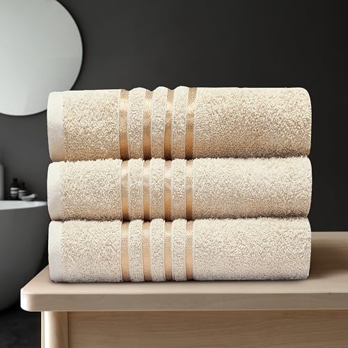 GC GAVENO CAVAILIA Stripe Towels Bath Sheets 3Pack - 90X150 Cm 550 GSM Bath Sheets Extra Large For Bathroom, Spa - Quick Dry & Highly Absorbent, Washable Cotton Towels Set XL Bath Sheet, Beige