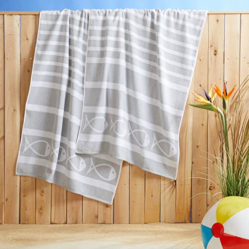 "100% Cotton Velour Beach Towel Set - Ultra Absorbent Quick-Drying Towels for Pool, Swim, Camping, Travel - 30"" x 60"" Large Beach Towels for Adults & Kids (2-Pack, Grey Fish)"