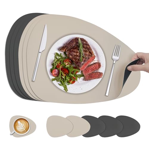 KitchenBoss Washable Place Mats and Coasters: Set of 6 Placemats, Washable Place Mats, Double-Sided for Use in Kitchens, Dining Rooms and Offices, Anthracite Grey + Beige, 43 x 30 cm