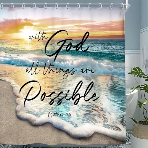 Riyidecor Extra Long Beach Ocean Bible Verse Shower Curtain Sunrise Sunset Inspirational Scripture Quotes 72Wx84H Inch Coastal Seaside Seascape Fabric Decor Bathroom Polyester Waterproof 12 Pack Hooks