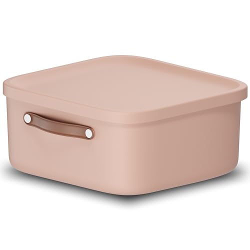 Rotho Maloja Storage Boxes with Lids 20 L Stackable with Carry Strap Pink - Stackable Storage Boxes, Modular Design, Shallow Shape, Carry Strap, Storage for Kitchen, Bathroom and Children's Rooms