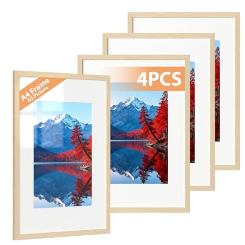 Alyvisun 4 Pack A4 Frame, A4 Picture Frames Display Pictures 14x20 cm with Mat or 19.7x29.3 cm Without Mat, Photo Frame Horizontal and Vertical Formats for Wall Hanging or Tabletop, Wood Tone