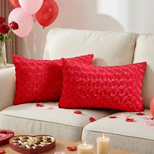 FUTEI Red Decorative Throw Pillow Covers 12x20 Inch Set of 2,Soft Solid Rose Textured Lumbar Pillow Case,Modern Home Decor for Couch Living Room