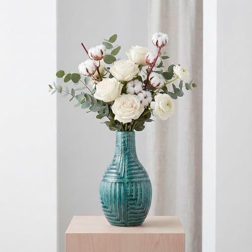"hjn Teal Ceramic Vase-Modern Decor Vases for Living Room/Bookshelf/Mantel/Home Decor Accents - Teal Texture-Small-9.4"" H"